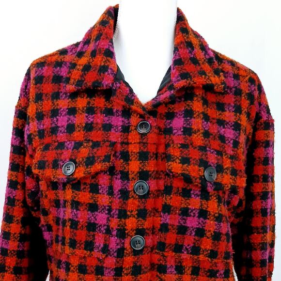 Sanctuary SZ S The Roller Shacket Red Pink Orange Black Plaid - Picture 3 of 8